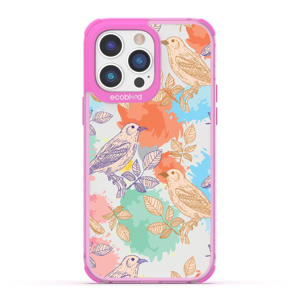Perch Perfect - Pink Eco-Friendly iPhone 14 Pro Case With Birds On Branches & Splashes Of Color On A Clear Back