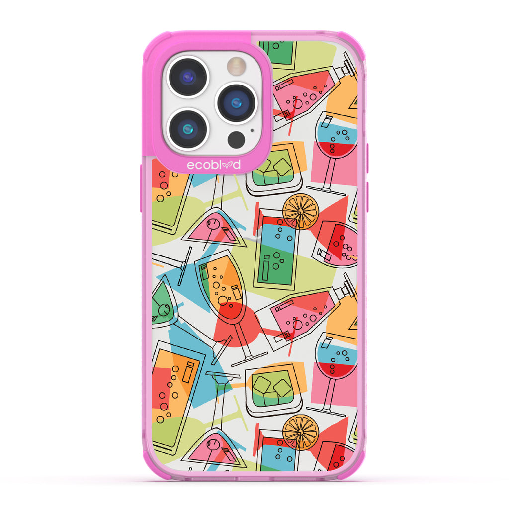 5 O’clock Somewhere - Pink Eco-Friendly iPhone 14 Pro Max Case With Cocktails, Martinis & Tropical Drinks On A Clear Back