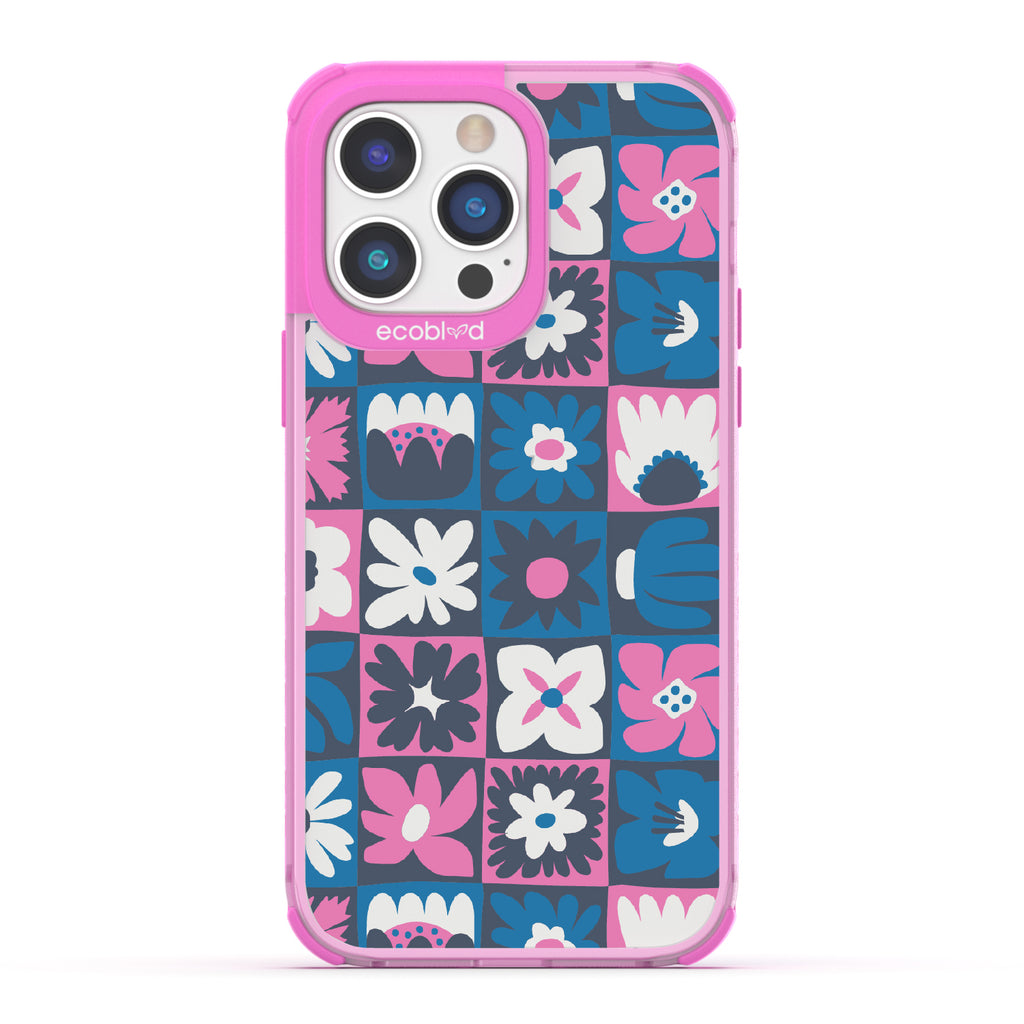 Paradise Blooms - Pink Eco-Friendly iPhone 14 Pro Case With Tropical Floral Checker Print On A Clear Back