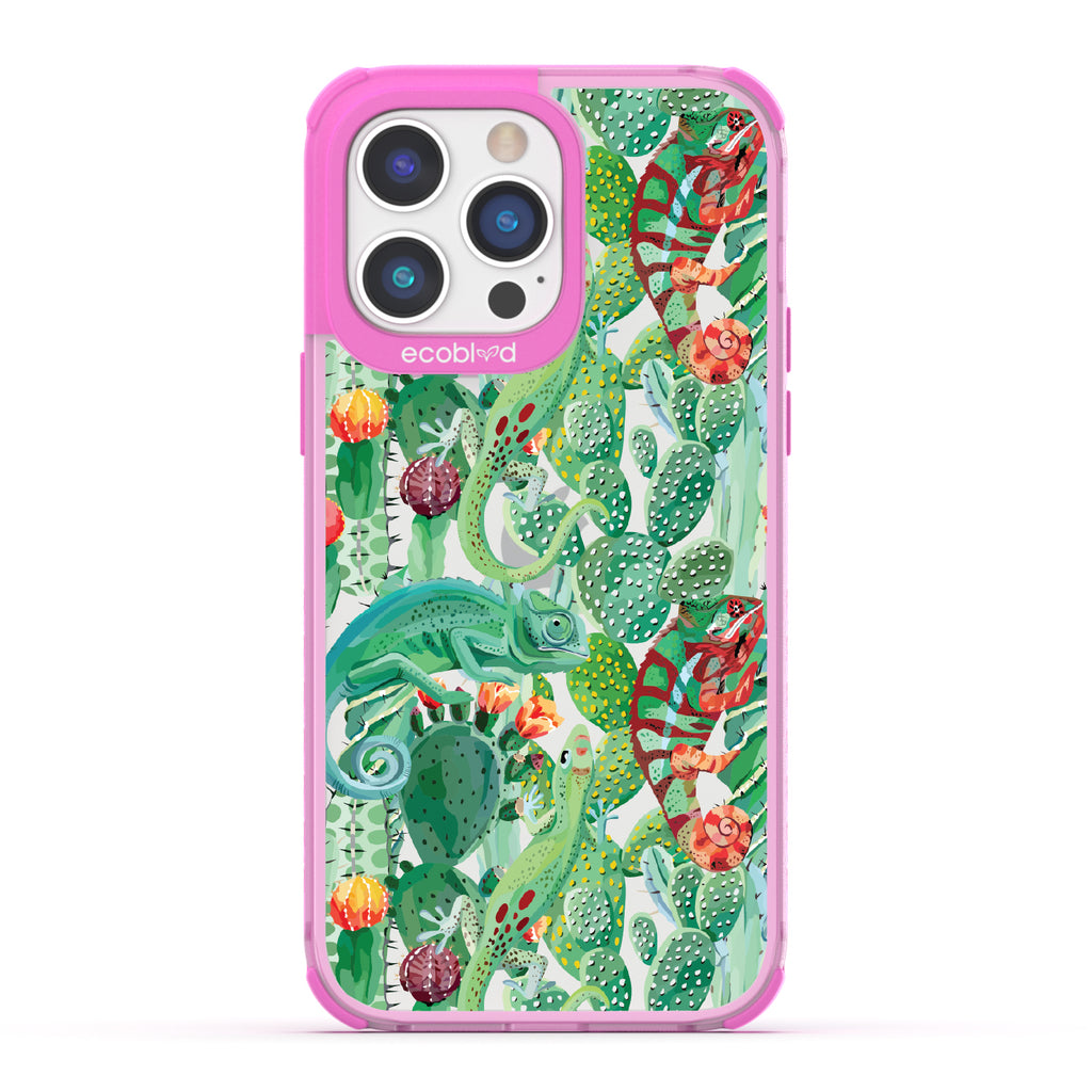 In Plain Sight - Pink Eco-Friendly iPhone 14 Pro Case With Chameleons On Cacti On A Clear Back