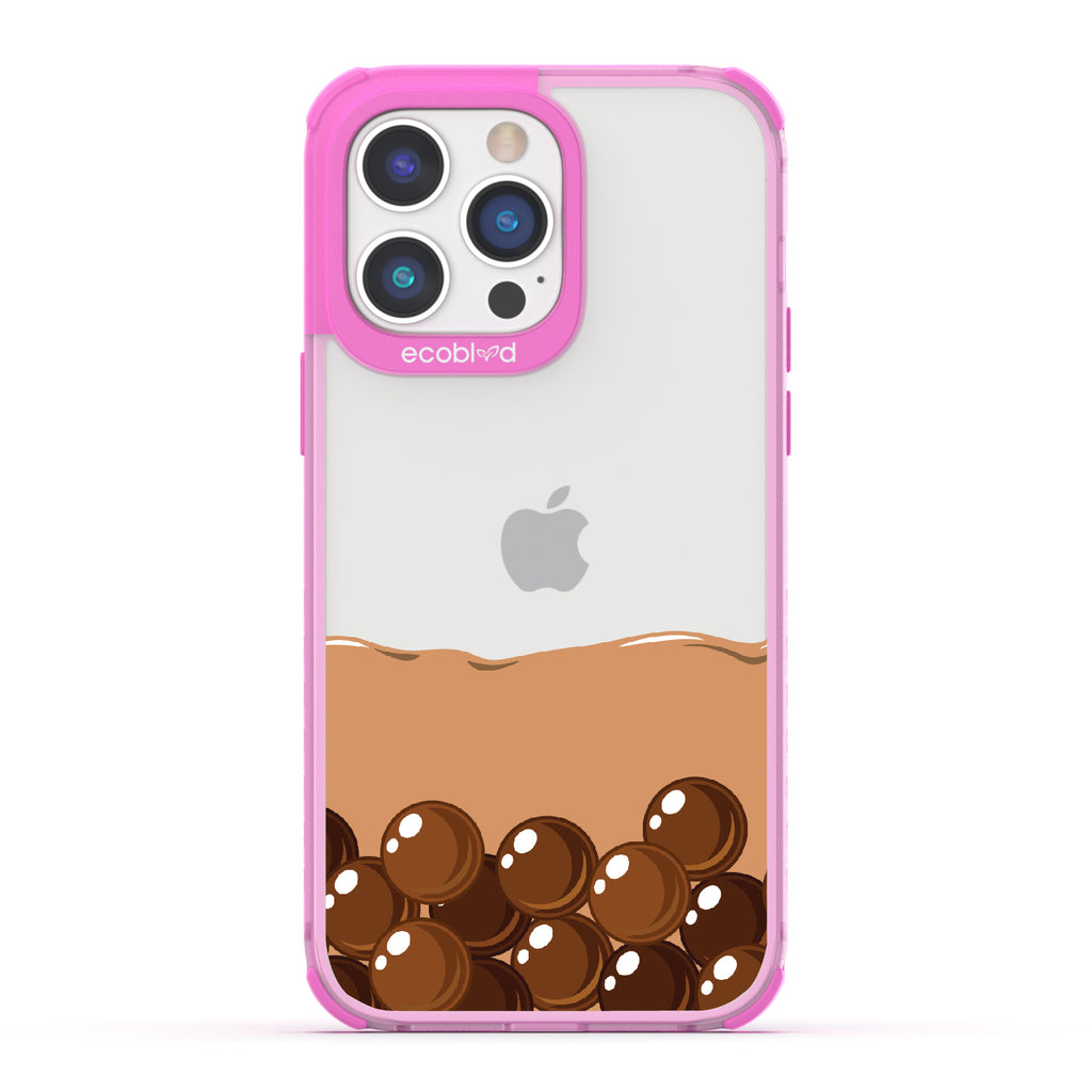 iPhone 14 Pro Max case, clear eco-friendly phone case with pink ridges, back view, Brown Sugar Boba design

