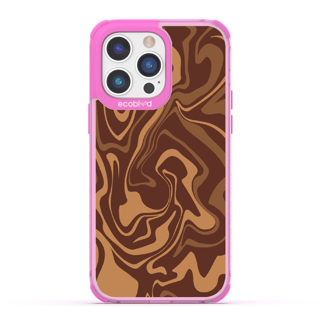 iPhone 14 Pro Max case, clear eco-friendly phone case with pink ridges, back view, Stirred & Swirled design
