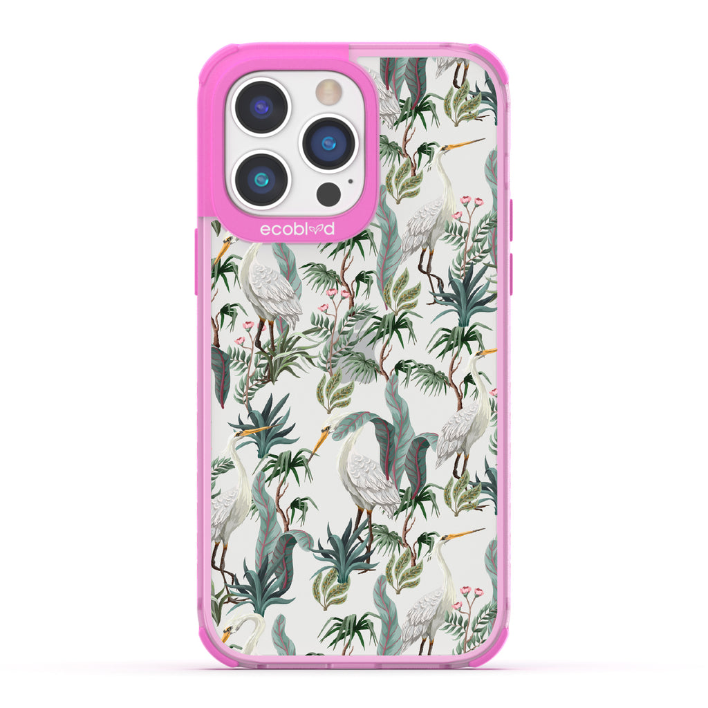 Flock Together - Pink Eco-Friendly iPhone 14 Pro Case With Herons & Peonies On A Clear Back