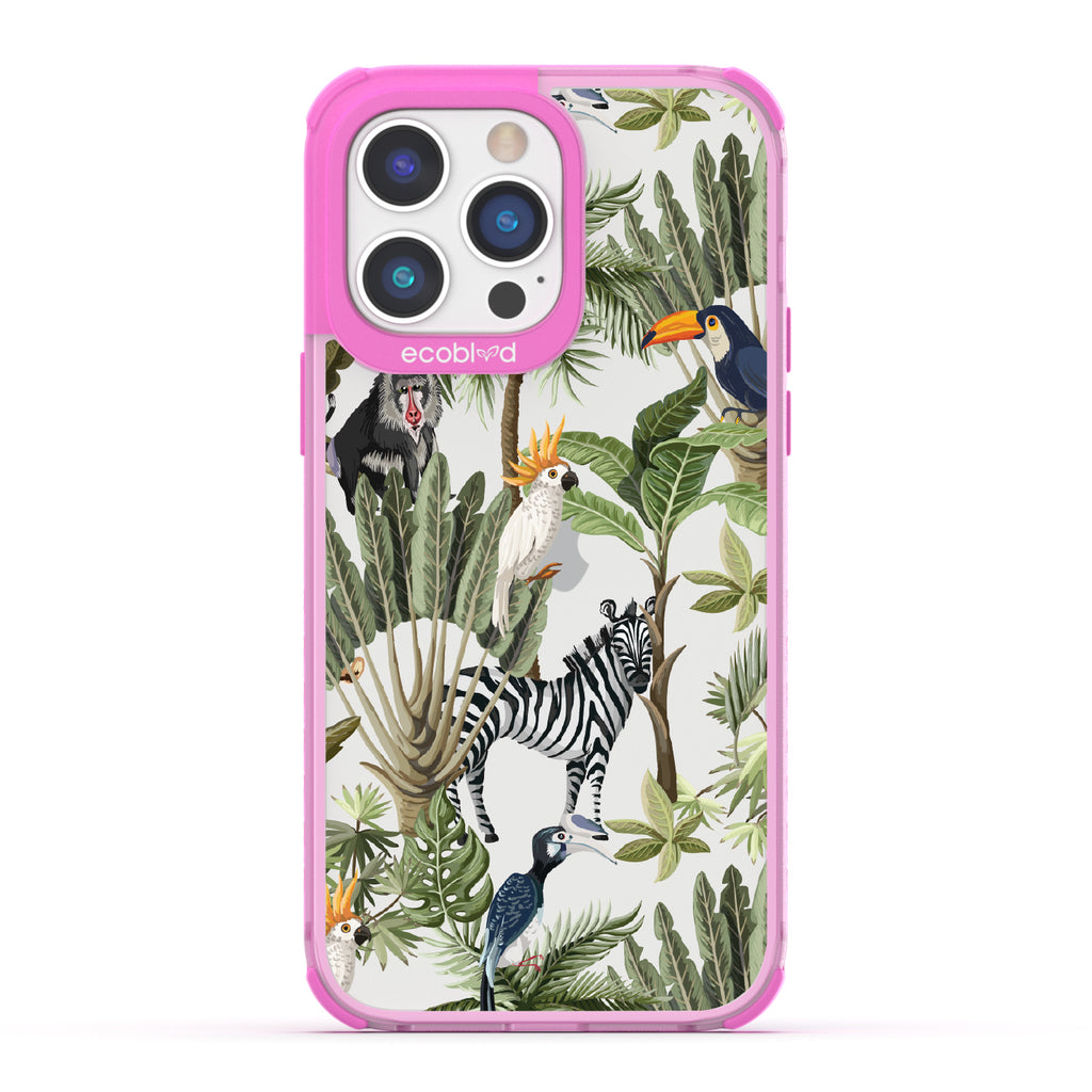 Toucan Play That Game - Pink Eco-Friendly iPhone 14 Pro Max Case With Jungle Fauna, Toucan, Zebra & More On A Clear Back