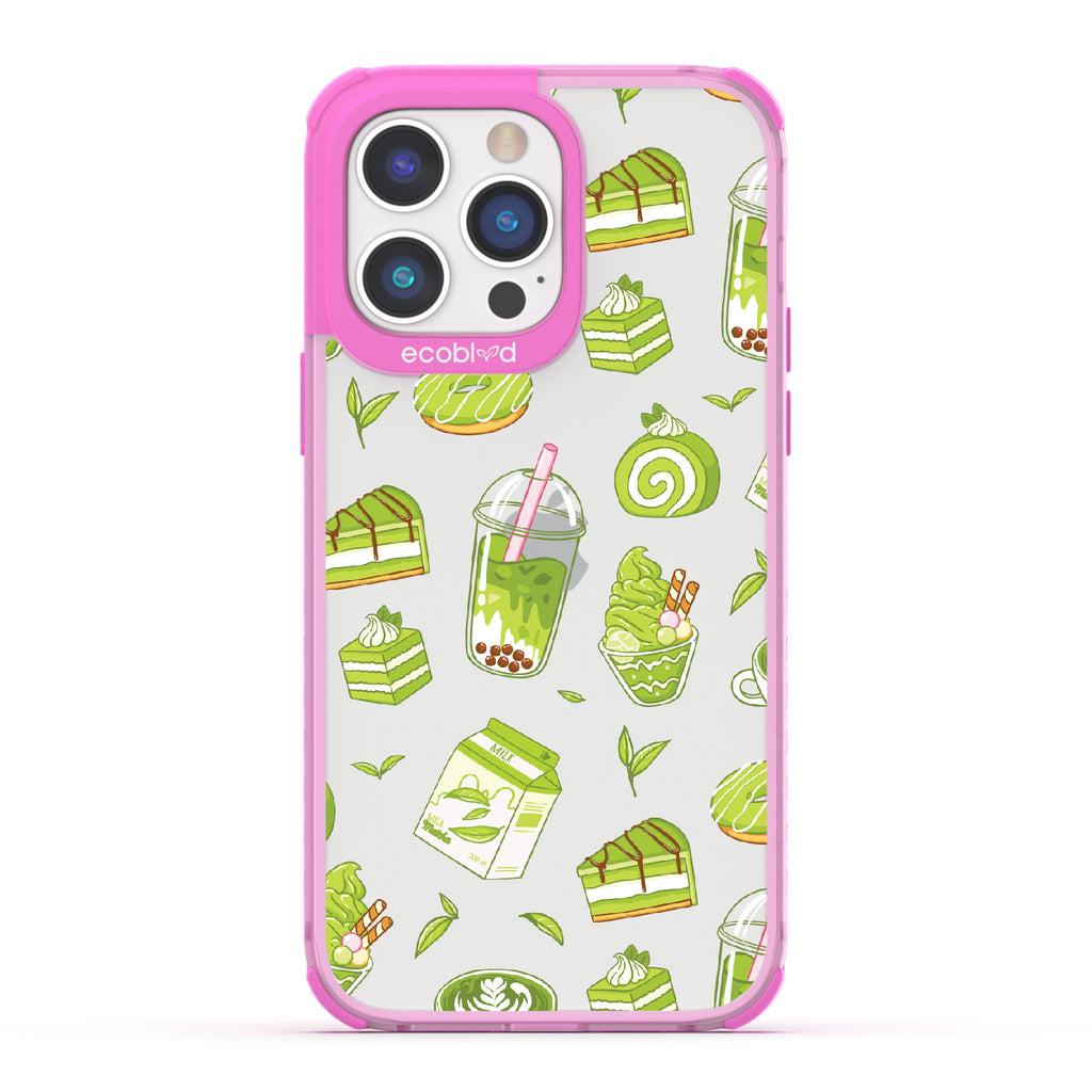 iPhone 14 Pro Max case, clear eco-friendly phone case with pink ridges, back view, So Matcha More design