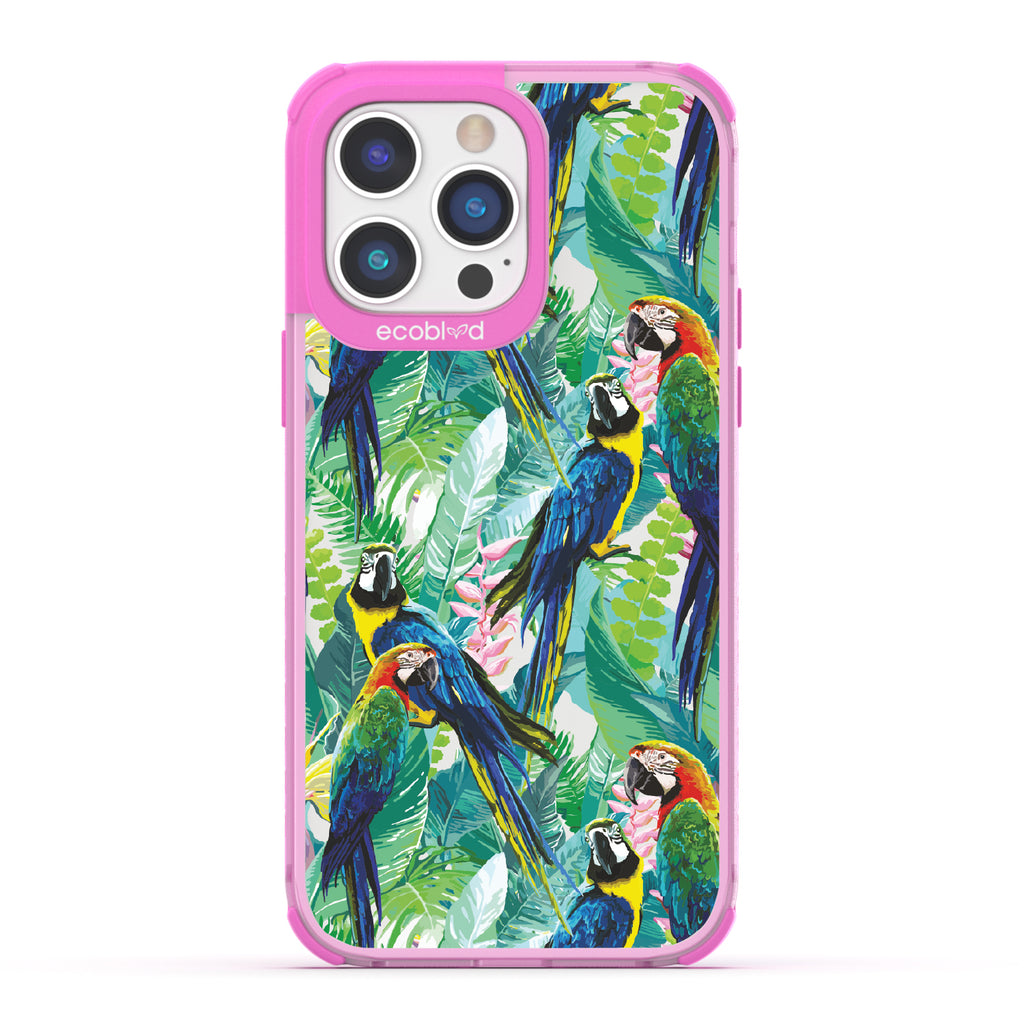 Macaw Medley - Pink Eco-Friendly iPhone 14 Pro Max Case With Macaws & Tropical Leaves On A Clear Back