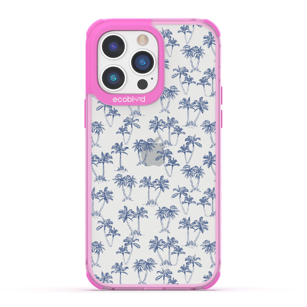 Endless Summer - Pink Eco-Friendly iPhone 14 Pro Max Case With 50's-Style Blue Palm Trees Print On A Clear Back