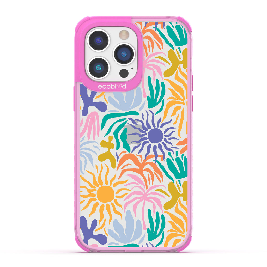 Sun-Kissed - Pink Eco-Friendly iPhone 14 Pro Case With Sunflower Print + The Sun As The Flower On A Clear Back