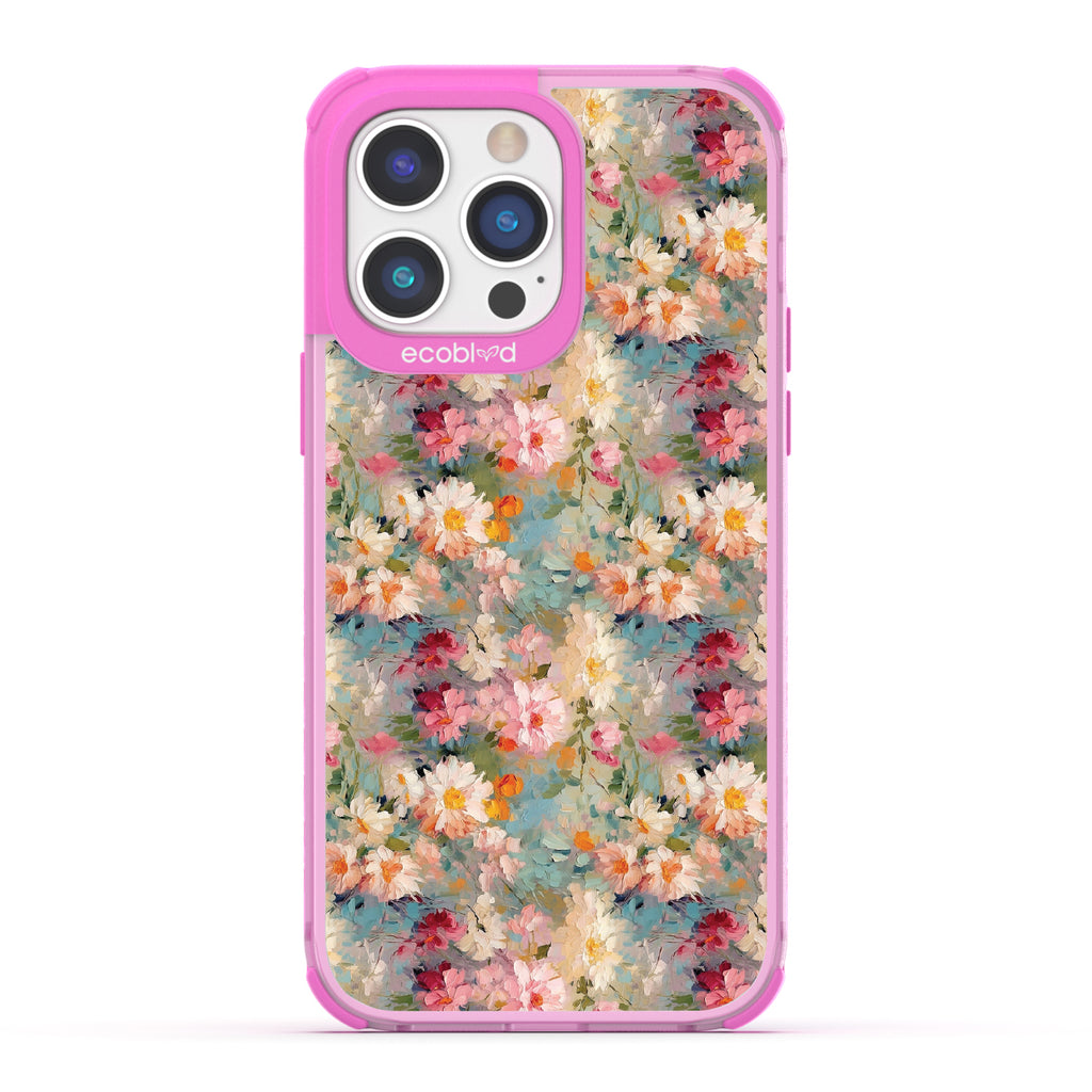iPhone 14 Pro Max case, clear eco-friendly phone case with pink ridges, back view, Perennial design