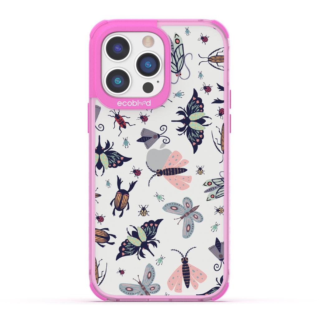 Bug Out - Pink Eco-Friendly iPhone 14 Pro Case With Butterflies, Moths, Dragonflies, And Beetles On A Clear Back