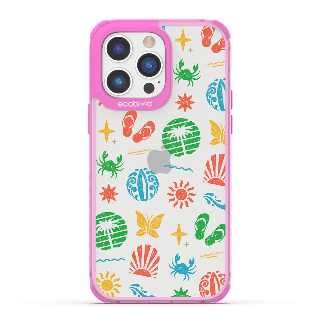 Island Time - Pink Eco-Friendly iPhone 14 Pro Max Case With Surfboard Art Of Crabs, Sandals, Waves & More On A Clear Back