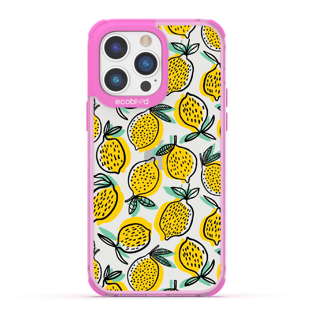 Lemon Drop - Pink Eco-Friendly iPhone 14 Pro Max Case With Retro Lemon Print On A Clear Back
