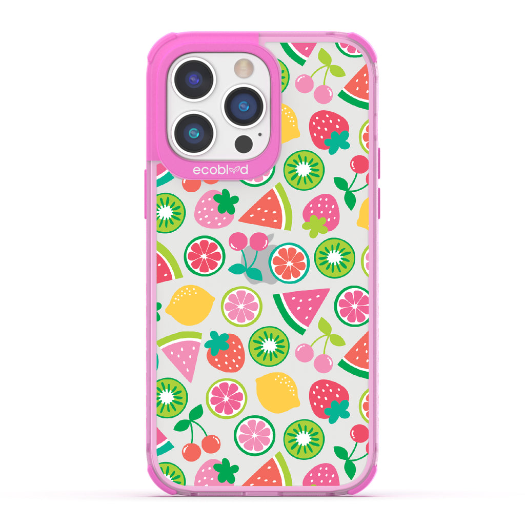 Juicy Fruit - Pink Eco-Friendly iPhone 14 Pro Max Case With Various Colorful Summer Fruits On A Clear Back