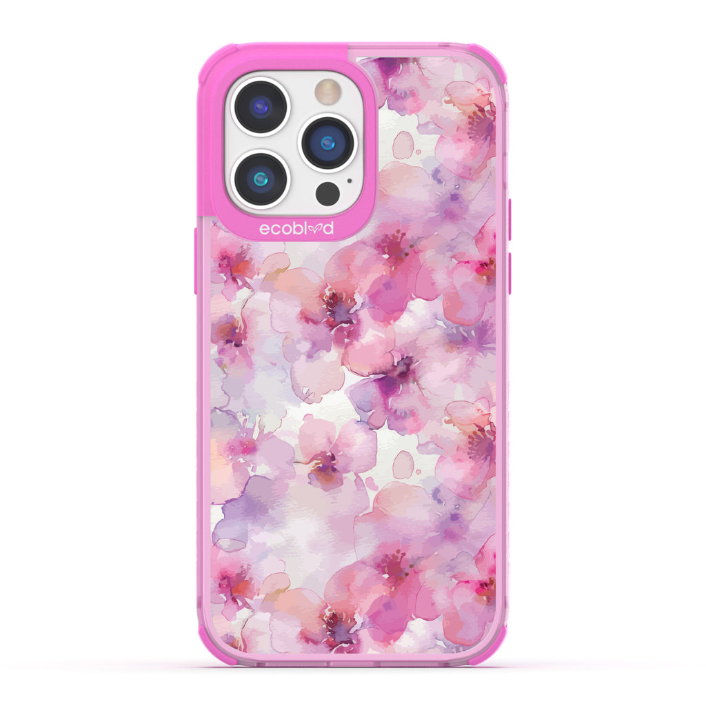 iPhone 14 Pro case, clear eco-friendly phone case with pink ridges, back view, Rosewater design