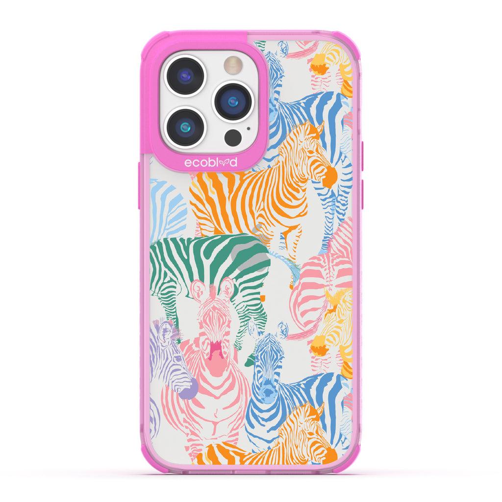Colorful Herd - Pink Eco-Friendly iPhone 14 Pro Max Case With Zebras in Multiple Colors On A Clear Back