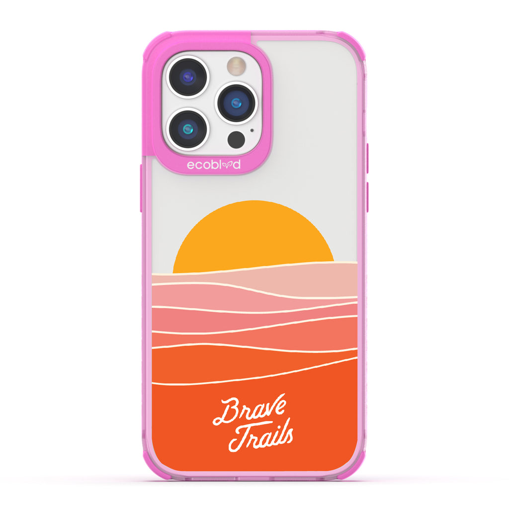 Enlightened X Brave Trails - Pink Eco-Friendly iPhone 14 Pro Case with Sun Rising Over Minimalist Hillside On Clear Back