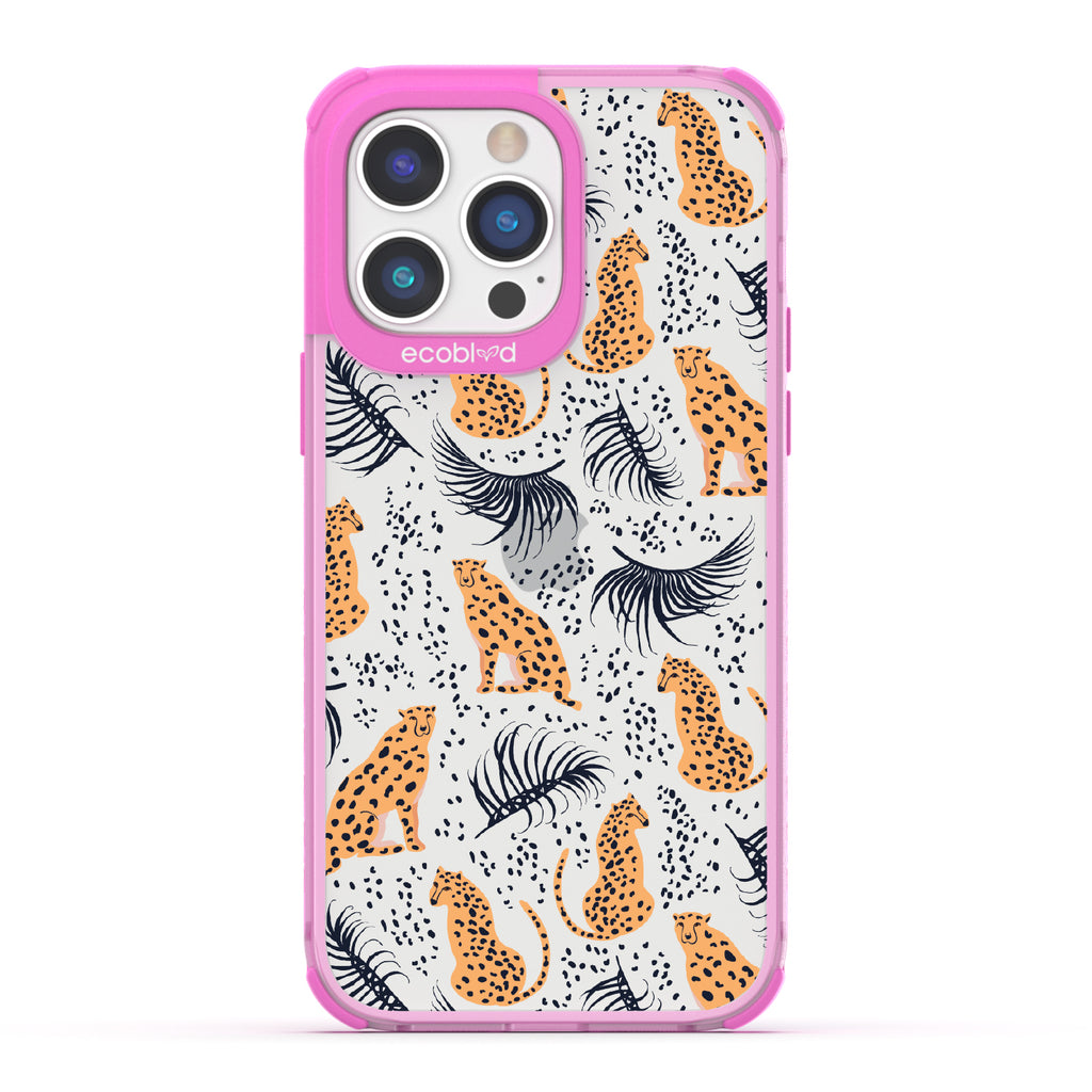 Feline Fierce - Pink Eco-Friendly iPhone 14 Pro Case With Minimalist Cheetahs With Spots and Reeds On A Clear Back