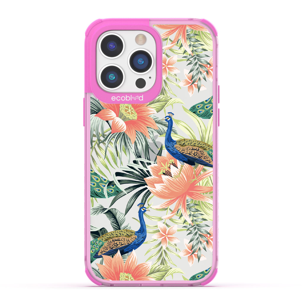 Peacock Palace - Pink Eco-Friendly iPhone 14 Pro Case With Peacocks + Colorful Tropical Fauna On A Clear Back