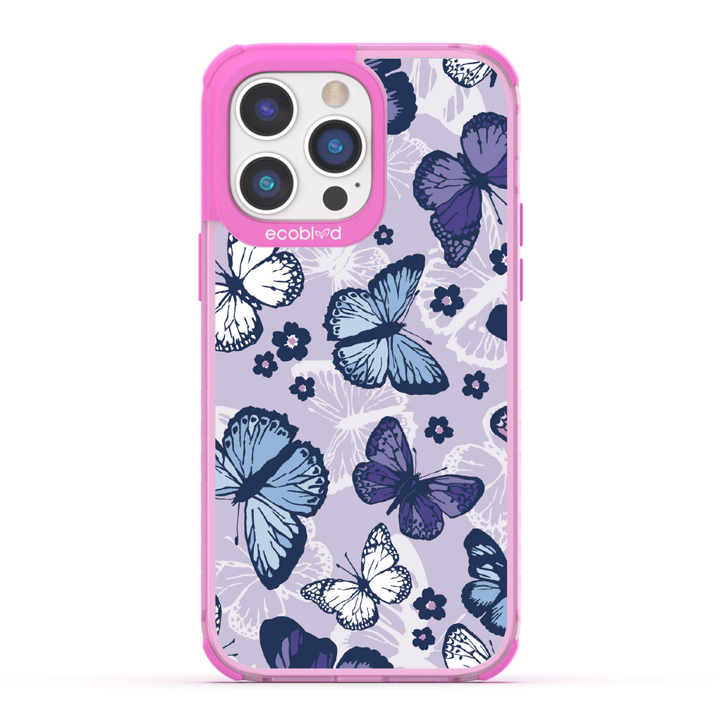 Deja Vu - Pink Eco-Friendly iPhone 14 Pro Case With Blue, White, Purple Butterflies & Flowers On A Purple / Clear Back