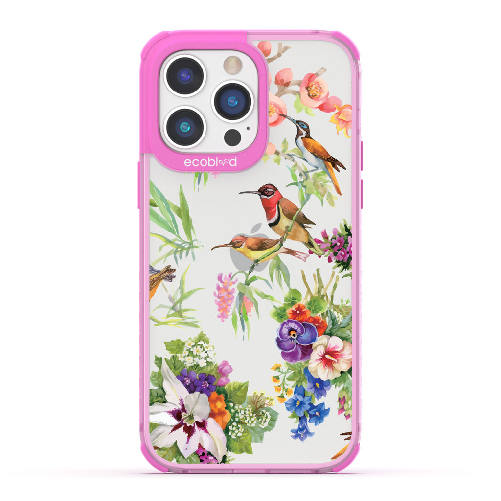 Sweet Nectar - Pink Eco-Friendly iPhone 14 Pro Case With Humming Birds, Colorful Garden Flowers On A Clear Back