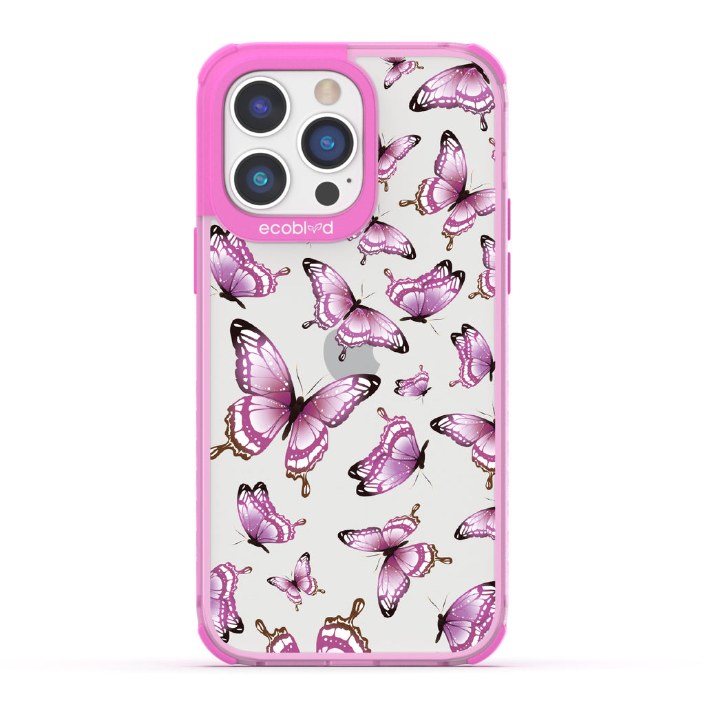 Social Butterfly - Pink Eco-Friendly iPhone 14 Pro Case With Pink Butterflies On A Clear Back - Compostable
