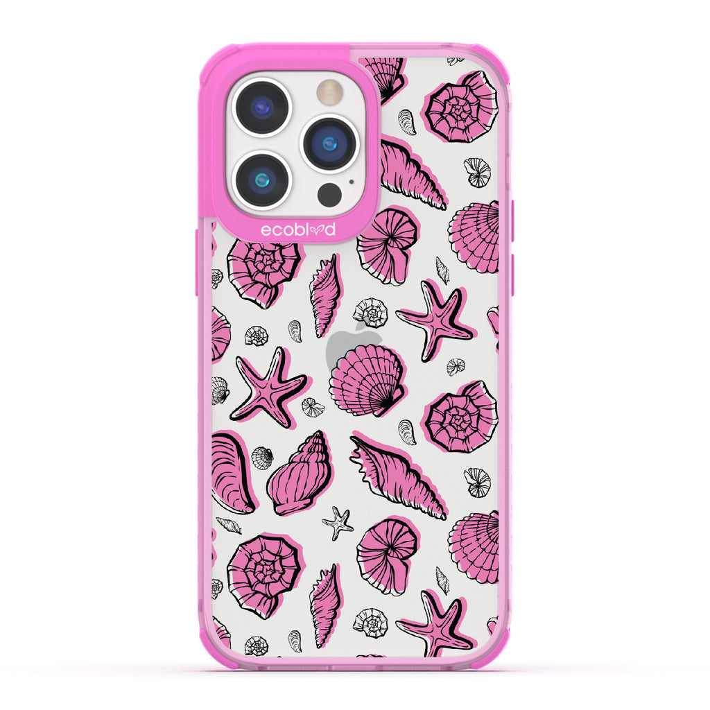 Seashells Seashore - Pink Eco-Friendly iPhone 14 Pro Max Case With Seashells and Starfish On A Clear Back