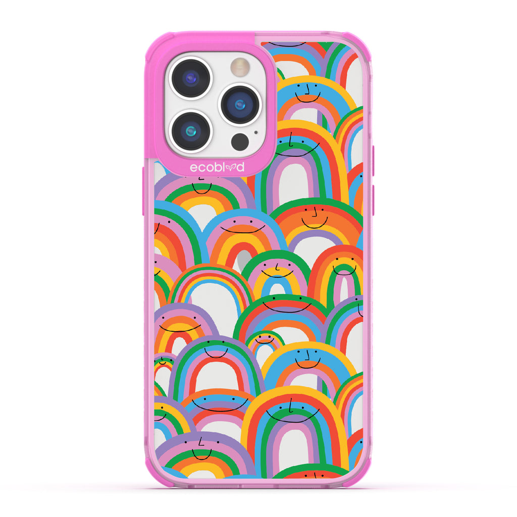 Prideful Smiles - Pink Eco-Friendly iPhone 14 Pro Case With Rainbows That Have Smiley Faces On A Clear Back