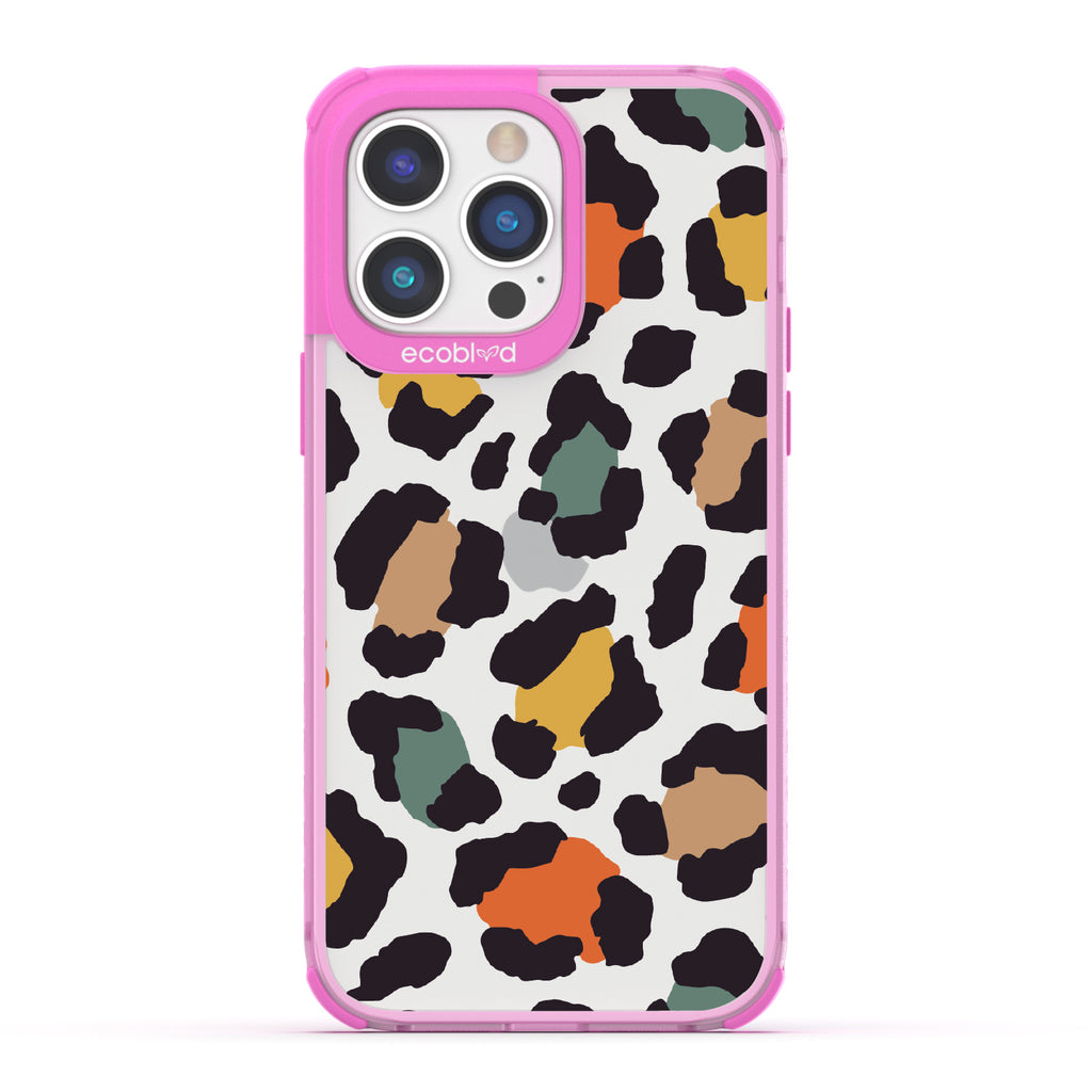 Cheetahlicious - Pink Eco-Friendly iPhone 14 Pro Case With Multi-Colored Cheetah Print On A Clear Back