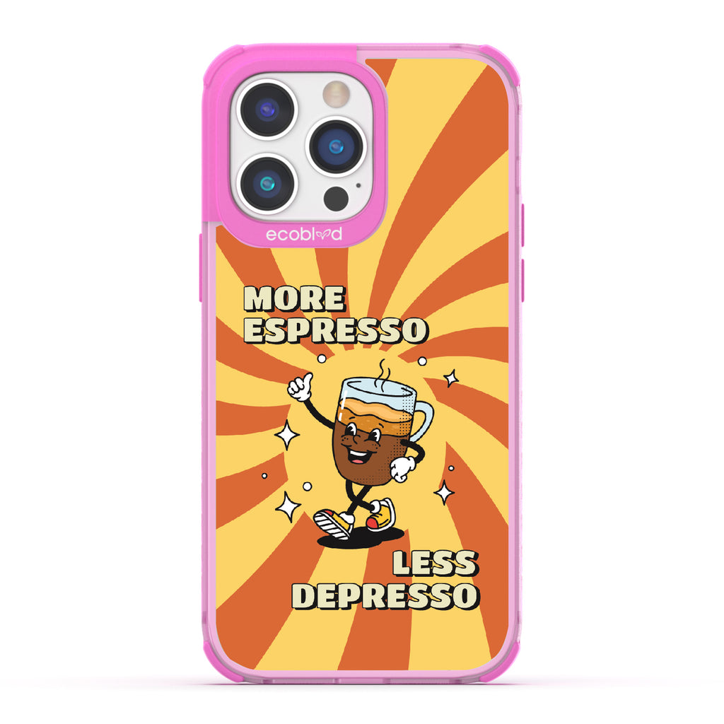 iPhone 14 Pro Max case, clear eco-friendly phone case with pink ridges, back view, More Espresso design