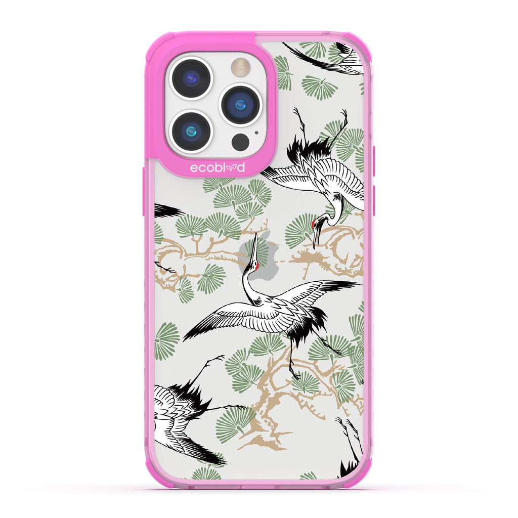 Graceful Crane - Pink Eco-Friendly iPhone 14 Pro Case With Japanese Cranes Atop Branches On A Clear Back