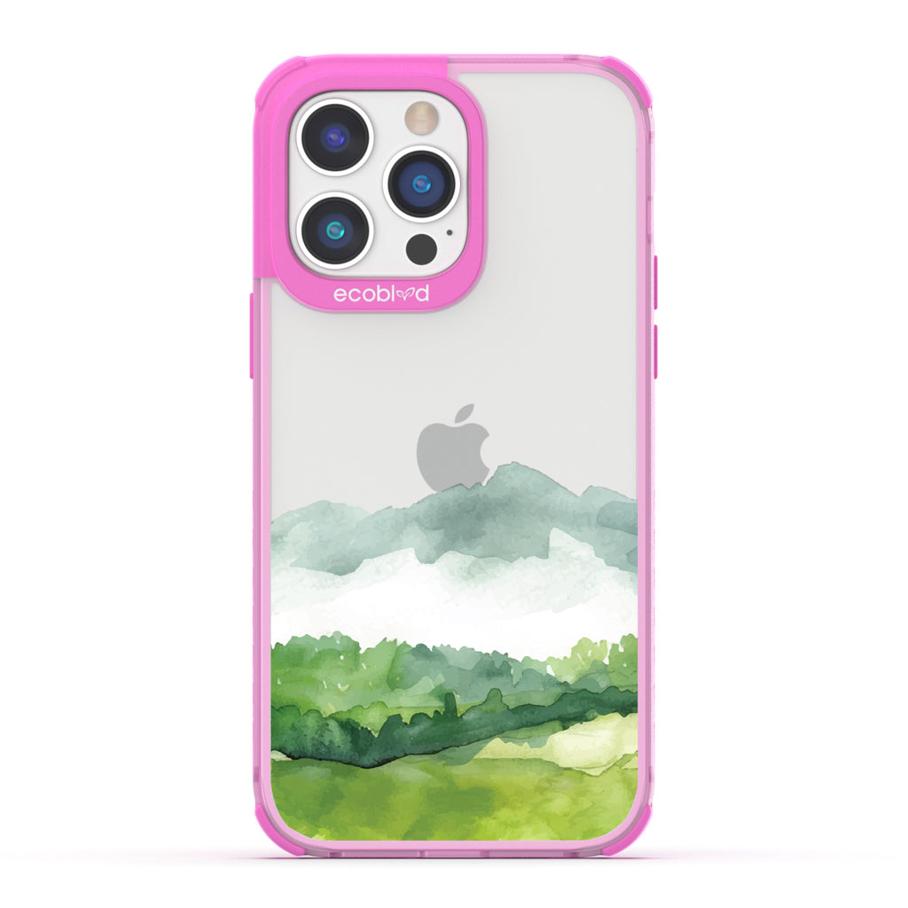 iPhone 14 Pro case, clear eco-friendly phone case with pink ridges, back view, Open Horizon design
