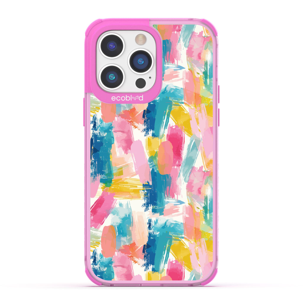 Front and back view of iPhone 14 Pro case, clear compostable phone case with pink ridges, Blurred Beauty design