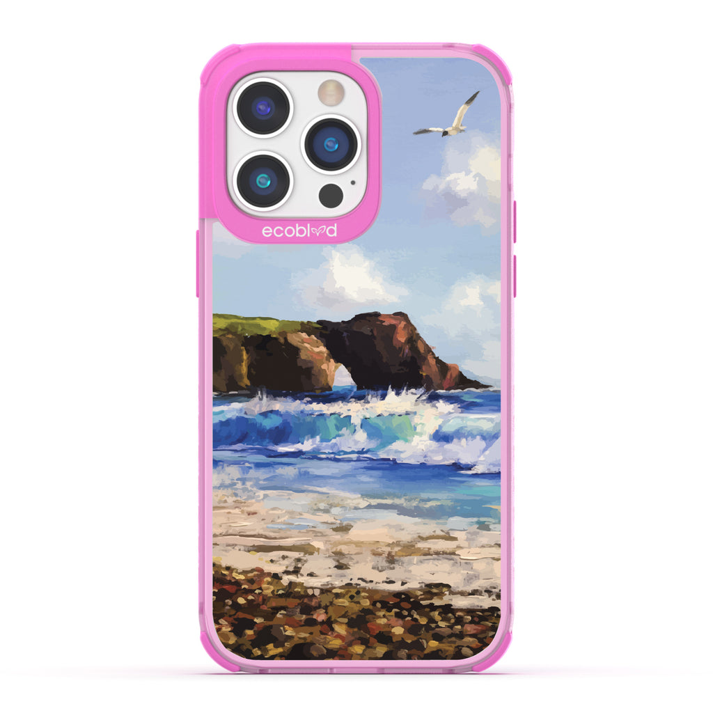 iPhone 14 Pro Max case, clear eco-friendly phone case with pink ridges, back view, Cliffhanger design
