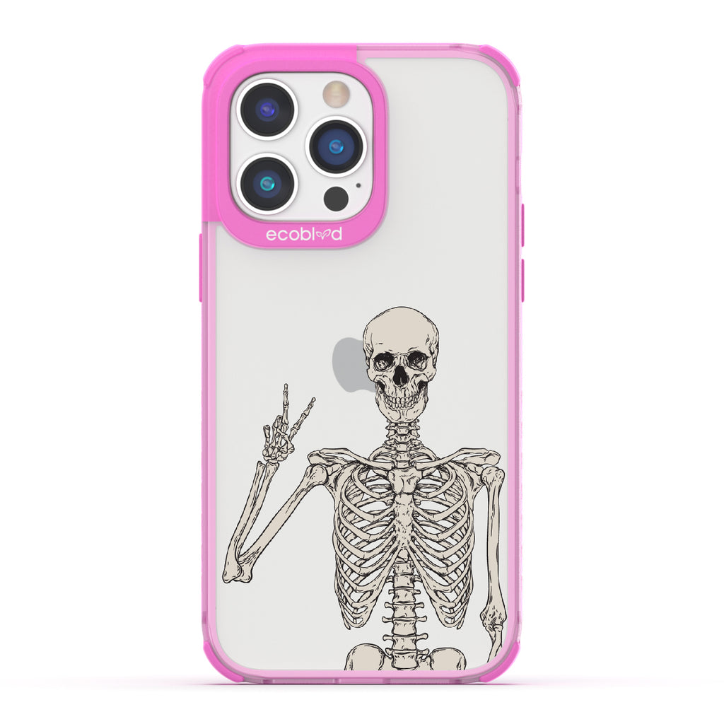Creepin' It Real - Pink Eco-Friendly iPhone 14 Pro Max Case With Skeleton Giving A Peace Sign On A Clear Back