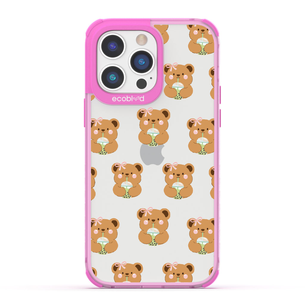 iPhone 14 Pro case, clear eco-friendly phone case with pink ridges, back view, Bear-ista Approved design