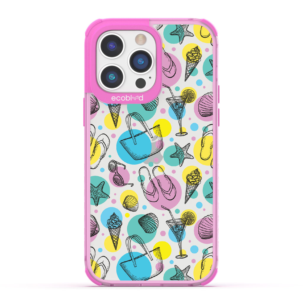 Beach Please - Pink Eco-Friendly iPhone 14 Pro Case With Sandals, Sunglasses, Beach Tote, Ice Cream & More On A Clear Back