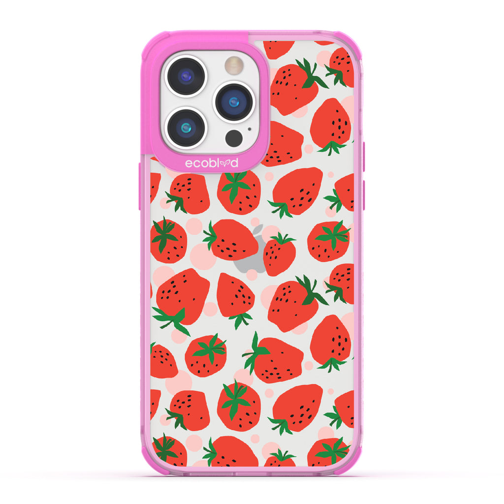 Strawberry Fields - Pink Eco-Friendly iPhone 14 Pro Case With Strawberries On A Clear Back