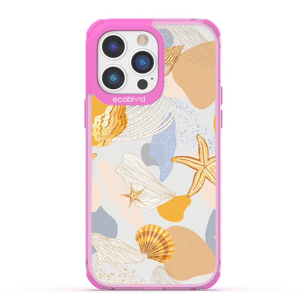 iPhone 14 Pro Max case, clear eco-friendly phone case with pink ridges, back view, Coastal Treasures design
