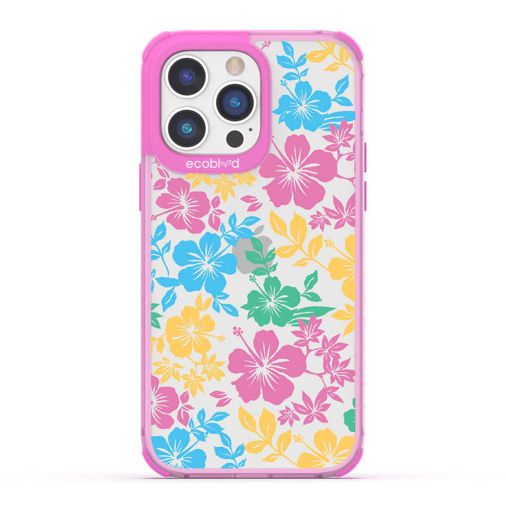 Lei'd Back - Pink Eco-Friendly iPhone 14 Pro Case With Colorful Hawaiian Hibiscus Floral Print On A Clear Back