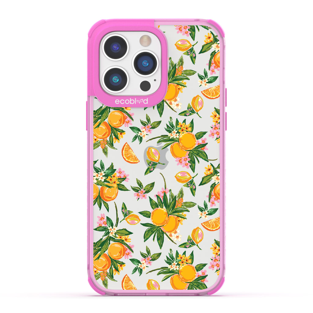 Orange Bliss - Pink Eco-Friendly iPhone 14 Pro Max Case With Oranges, Orange Slices and Leaves On A Clear Back
