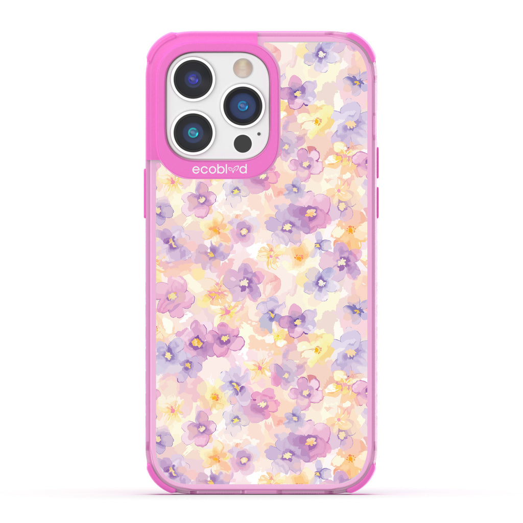 iPhone 14 Pro Max case, clear eco-friendly phone case with pink ridges, back view, Flowering Thoughts design