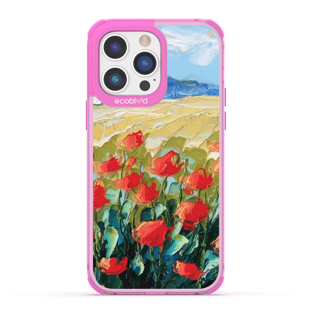 iPhone 14 Pro Max case, clear eco-friendly phone case with pink ridges, back view, Sleepy Bloom design