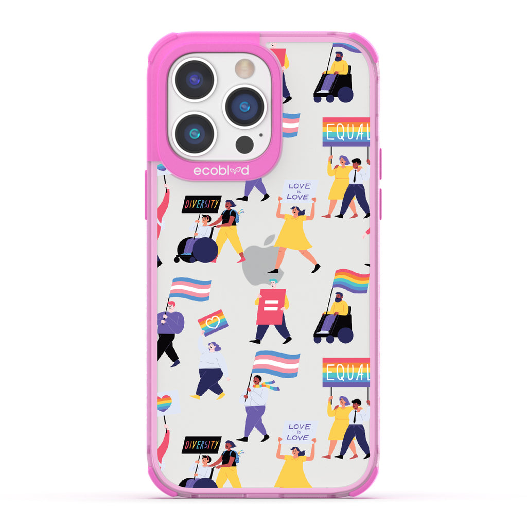 All Together Now - Pink Eco-Friendly iPhone 14 Pro Case With Pride March For People Of All Identities On A Clear Back