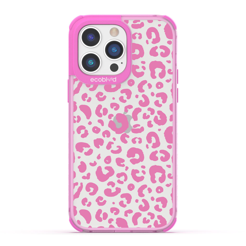 Spot On - Pink Eco-Friendly iPhone 14 Pro Case With Leopard Print On A Clear Back