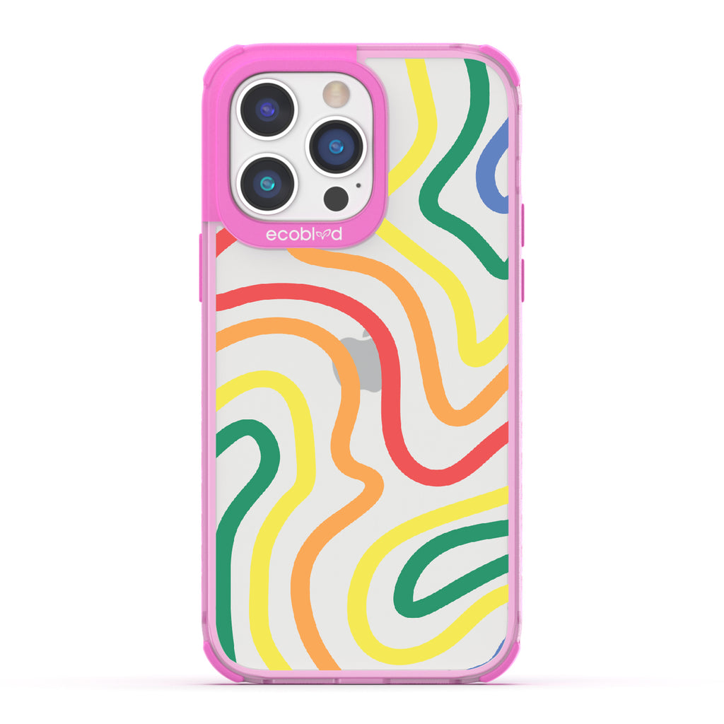 True Colors - Pink Eco-Friendly iPhone 14 Pro Case With Abstract Lines In Different Colors Of The Rainbow On A Clear Back