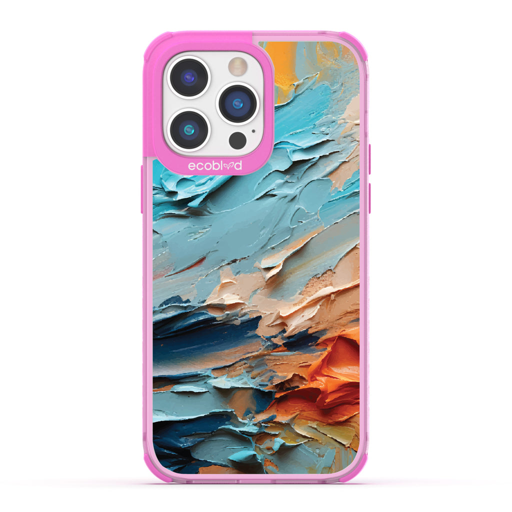 iPhone 14 Pro case, clear eco-friendly phone case with pink ridges, back view, Frame of Mind design