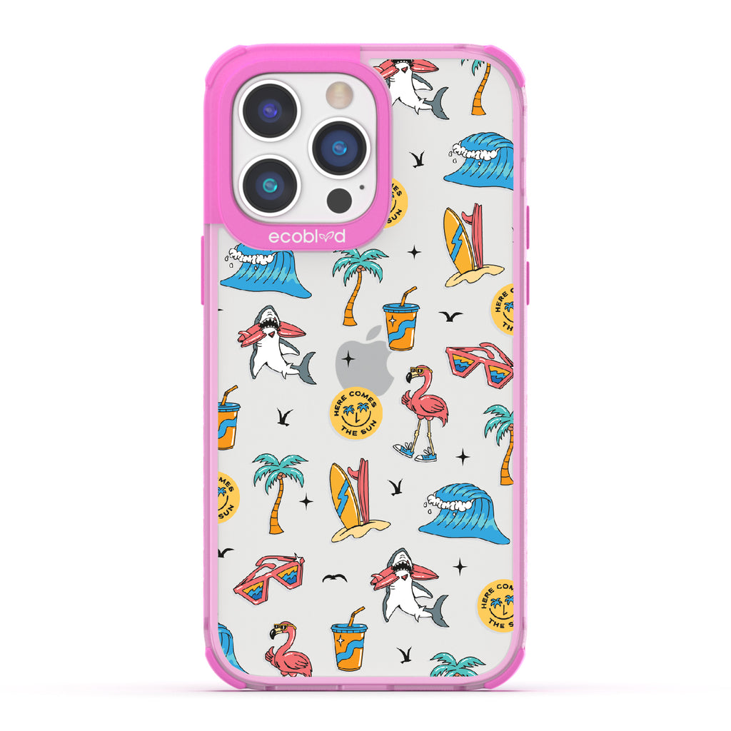  Here Comes The Sun - Pink Eco-Friendly iPhone 14 Pro Max Case: Sunglasses, Surfboard, Waves & Beach Theme On A Clear Back