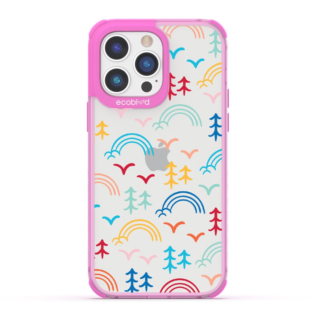 Happy Camper X Brave Trails - Pink Eco-Friendly iPhone 14 Pro Case with Minimalist Trees, Birds, Rainbows On A Clear Back
