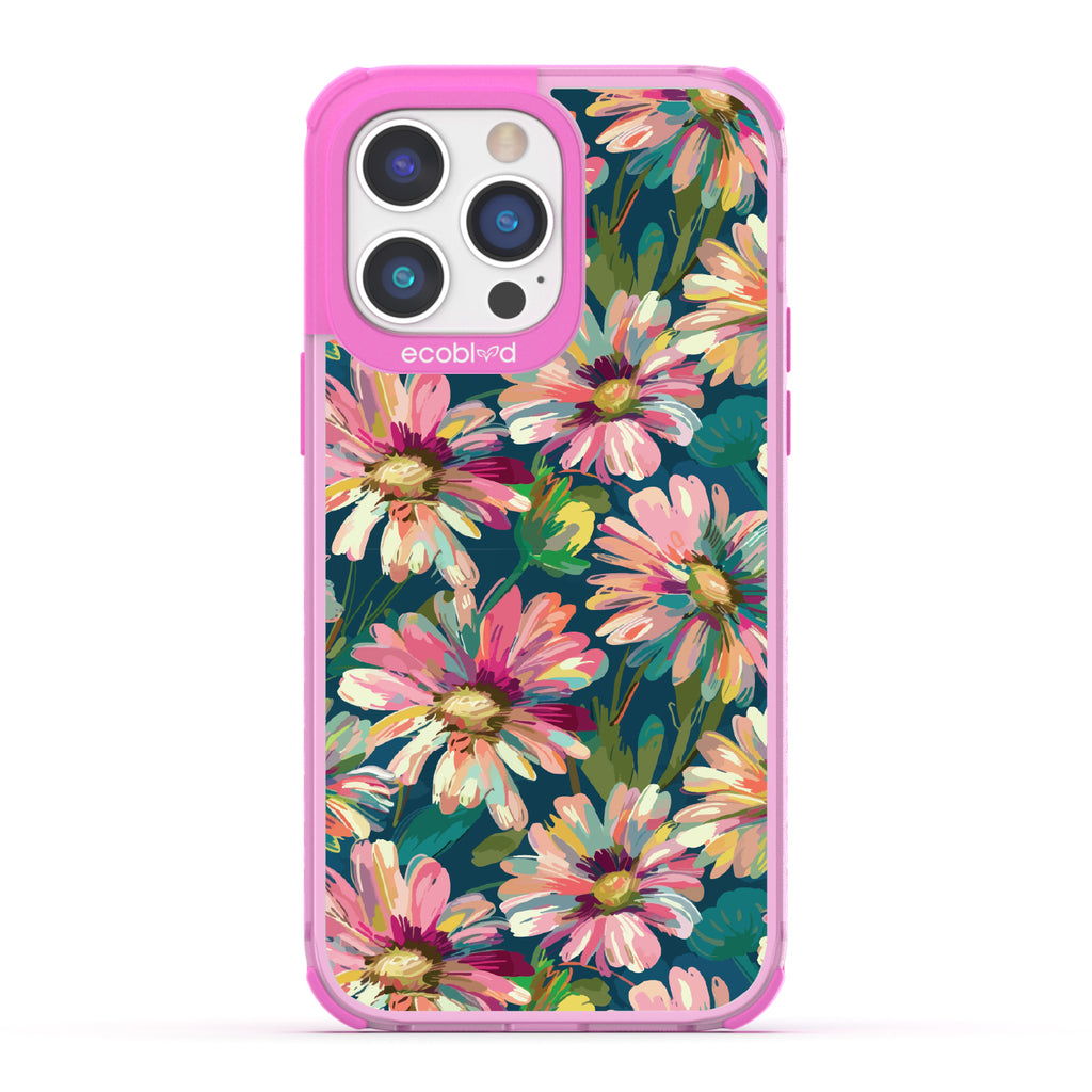 iPhone 14 Pro Max case, clear eco-friendly phone case with pink ridges, back view, Daisy Dusk design