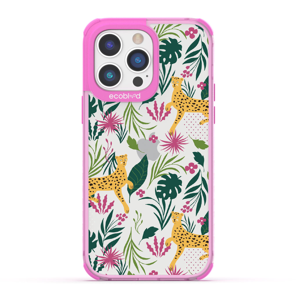 Jungle Boogie - Pink Eco-Friendly iPhone 14 Pro Max Case With Cheetahs Among Lush Colorful Jungle Foliage On A Clear Back